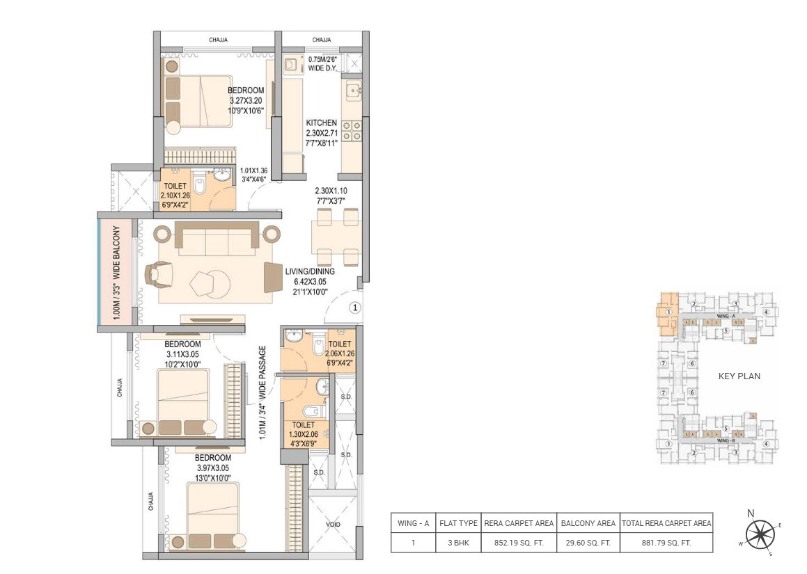 Floor plan of 3 BHK 881 Sq. Ft. Apartment in Sheth Vasant Blossom, Mumbai