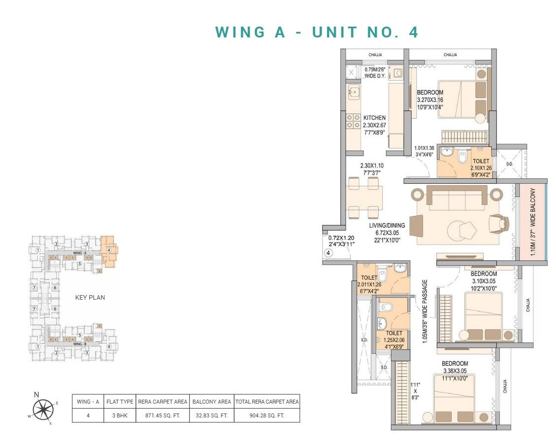 Floor plan of 3 BHK 904 Sq. Ft. Apartment in Sheth Vasant Blossom, Mumbai
