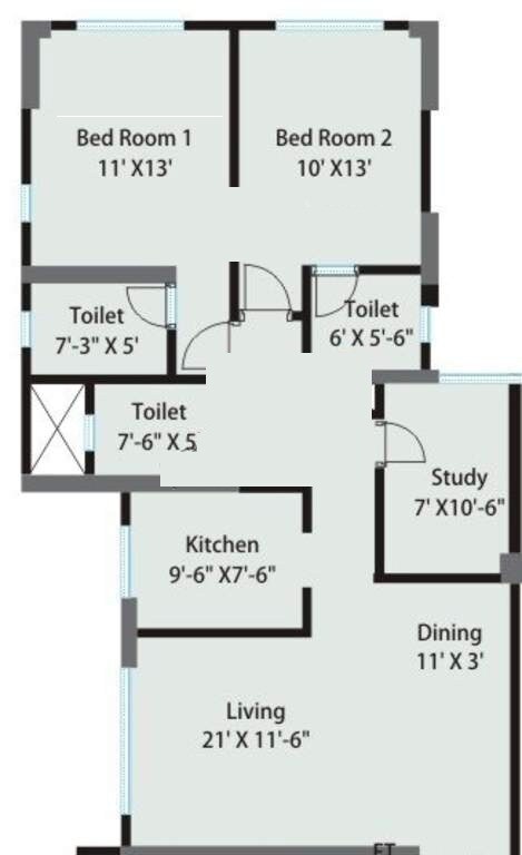 Floor plan of 2 BHK 1210 Sq. Ft. Apartment in Sheth Vasant Grandeur, Mumbai