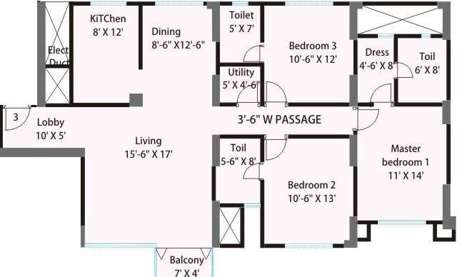 Floor plan of 3 BHK 1685 Sq. Ft. Apartment in Sheth Vasant Grandeur, Mumbai