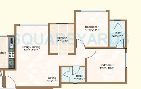 Floor plan of 2 BHK 670 Sq. Ft. Apartment in Sheth Vasant Oasis, Mumbai