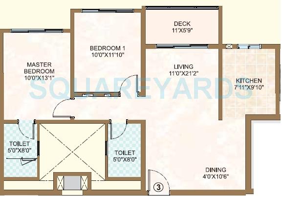 Floor plan of 2 BHK 696 Sq. Ft. Apartment in Sheth Vasant Oasis, Mumbai