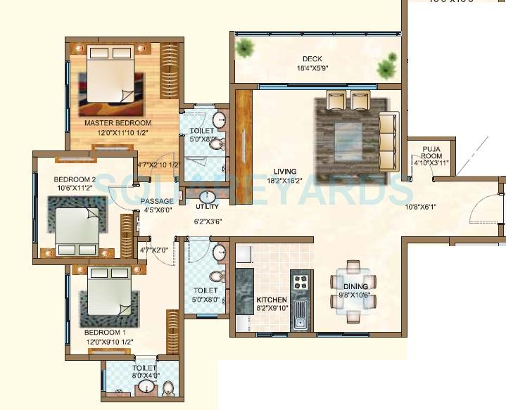 Floor plan of 3 BHK 1483 Sq. Ft. Apartment in Sheth Vasant Oasis, Mumbai