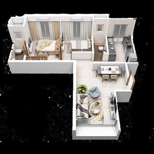 Floor plan of 2 BHK 565 Sq. Ft. Apartment in Shiddhivinayak Omkaar Solitaire, Mumbai