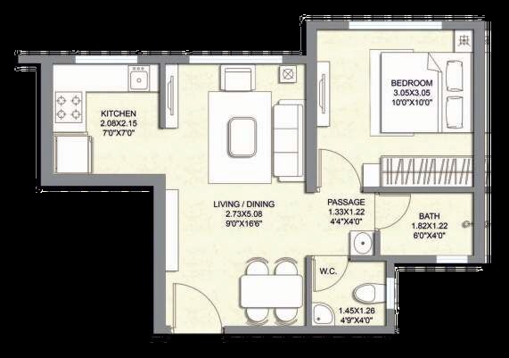 Floor plan of 1 BHK 404 Sq. Ft. Apartment in Shikara Heights, Mumbai