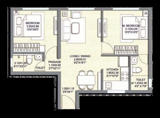 Floor plan of 2 BHK 522 Sq. Ft. Apartment in Shikara Heights, Mumbai