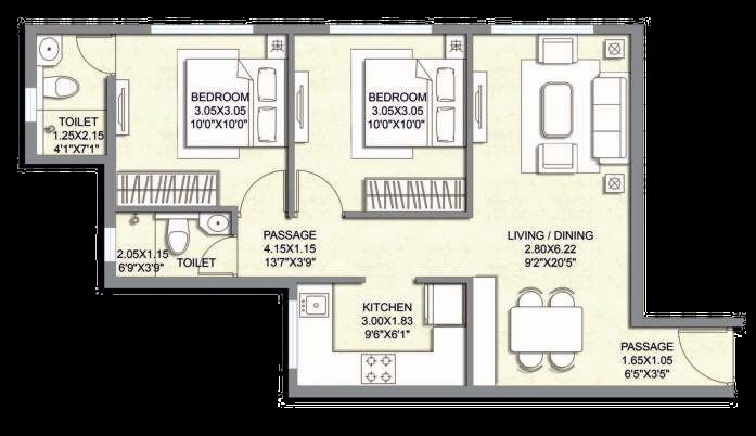 Floor plan of 2 BHK 590 Sq. Ft. Apartment in Shikara Heights, Mumbai
