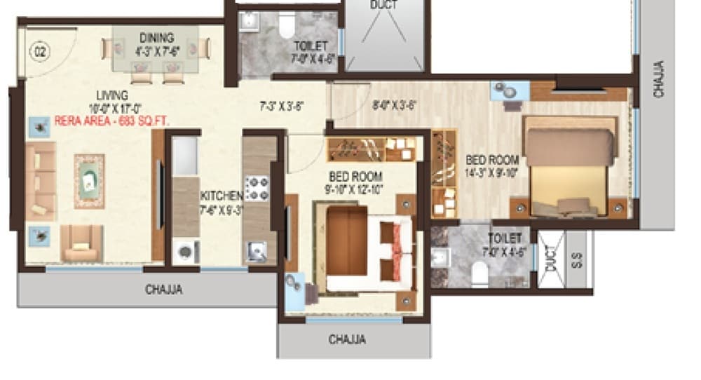 Floor plan of 2 BHK 683 Sq. Ft. Apartment in Shilpa CHS Andheri, Mumbai
