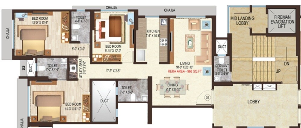 3 BHK 968 Sq. Ft. Apartment