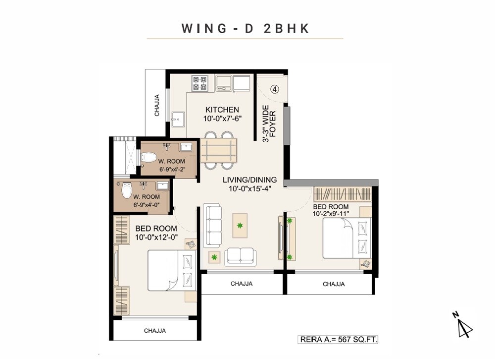 Floor plan of 2 BHK 567 Sq. Ft. Apartment in Shirodkar Ganesh Dham, Mumbai