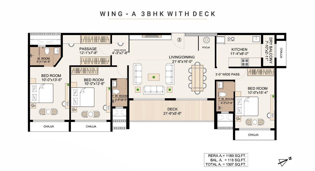 Floor plan of 3 BHK 1189 Sq. Ft. Apartment in Shirodkar Ganesh Dham, Mumbai