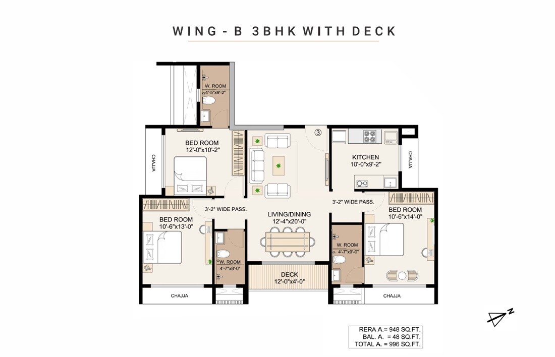 Floor plan of 3 BHK 948 Sq. Ft. Apartment in Shirodkar Ganesh Dham, Mumbai