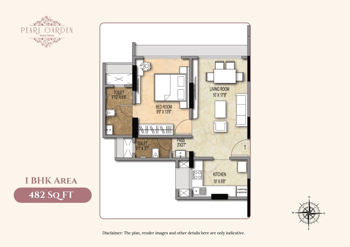 Floor plan of 1 BHK 482 Sq. Ft. Apartment in Shiv Pearl Gardens, Mumbai