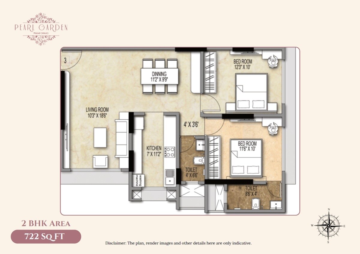 Floor plan of 2 BHK 722 Sq. Ft. Apartment in Shiv Pearl Gardens, Mumbai