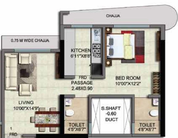 Floor plan of 1 BHK 436 Sq. Ft. Apartment in Shiv Shakti Tower 28, Mumbai