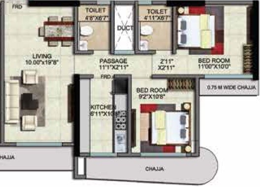 2 BHK 602 Sq. Ft. Apartment