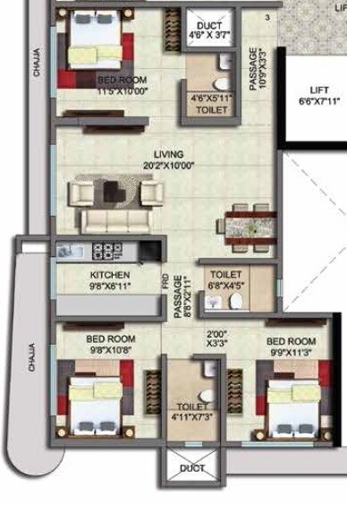 3 BHK 833 Sq. Ft. Apartment