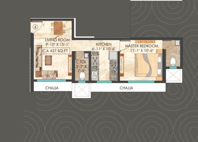 Floor plan of 1 BHK 427 Sq. Ft. Apartment in Shiv Tapasya Apartment, Mumbai