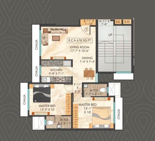 Floor plan of 2 BHK 678 Sq. Ft. Apartment in Shiv Tapasya Apartment, Mumbai