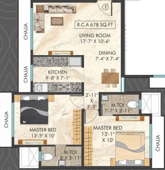 Floor plan of 2 BHK 678 Sq. Ft. Apartment in Shiv Tapasya CHS, Mumbai