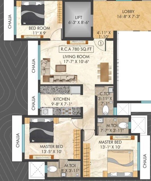 Floor plan of 3 BHK 783 Sq. Ft. Apartment in Shiv Tapasya CHS, Mumbai
