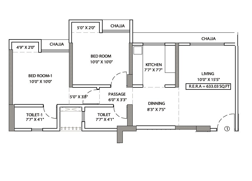 Floor plan of 2 BHK 633 Sq. Ft. Apartment in Shivalik Bandra North Gulmohar Avenue, Mumbai