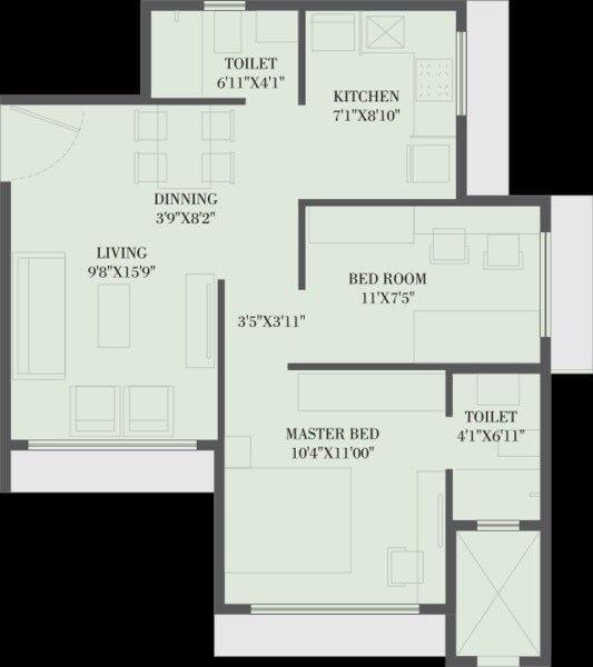 Floor plan of 2 BHK Apartment - 572 sq. ft. in Shivam Aspire, Mumbai