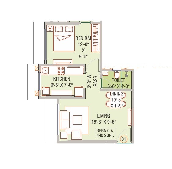 Floor plan of 1 BHK 342 Sq. Ft. Apartment in Shivam Gulmohar, Mumbai