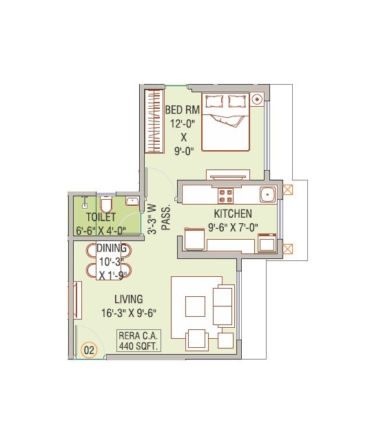 Floor plan of 1 BHK 416 Sq. Ft. Apartment in Shivam Gulmohar, Mumbai