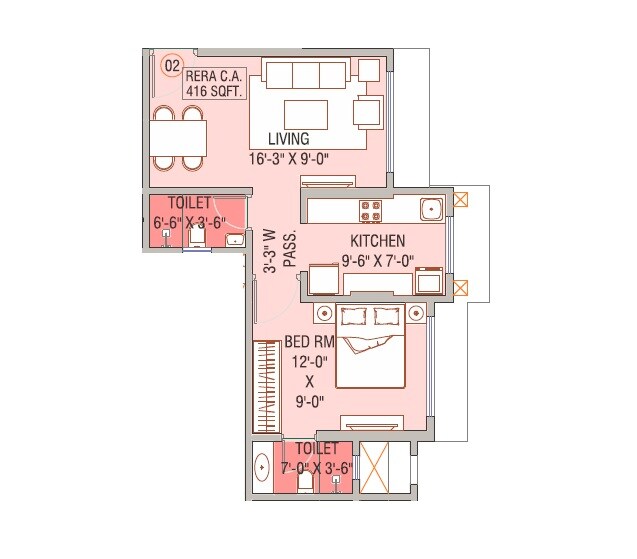 Floor plan of 1 BHK 440 Sq. Ft. Apartment in Shivam Gulmohar, Mumbai