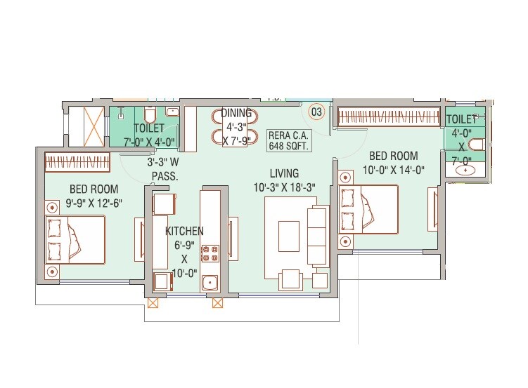 Floor plan of 2 BHK 648 Sq. Ft. Apartment in Shivam Gulmohar, Mumbai
