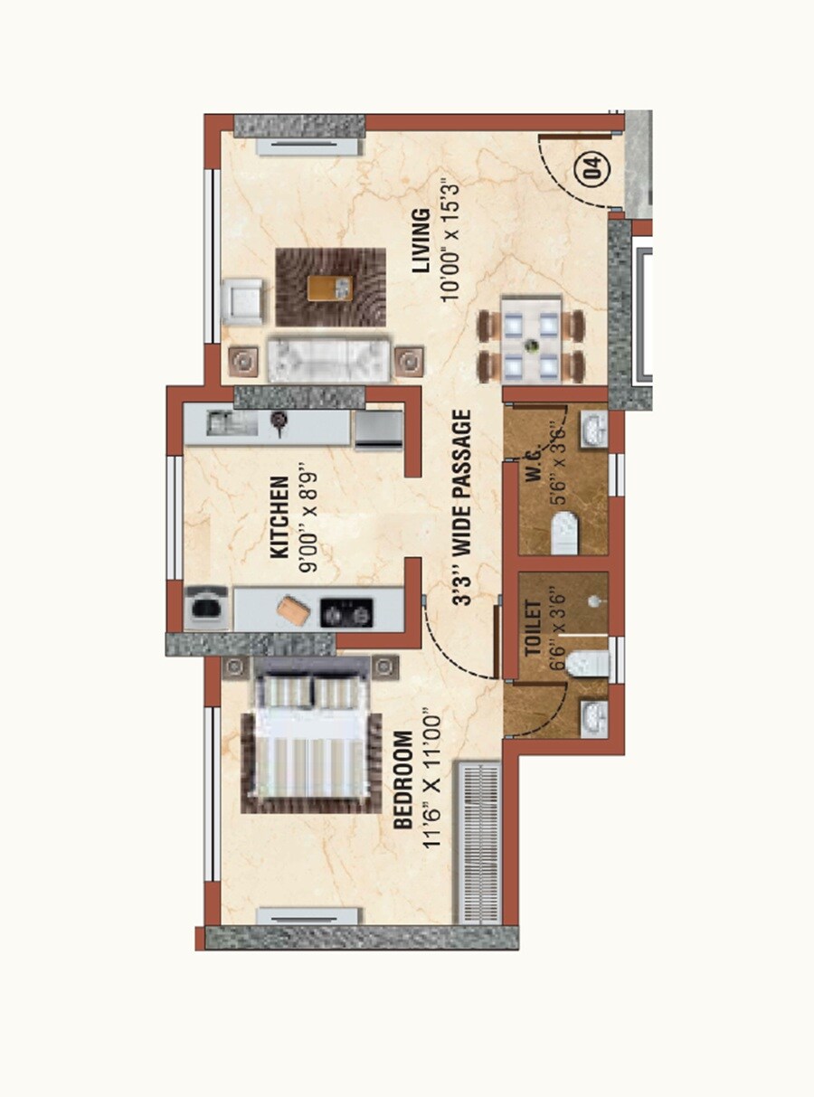 1 BHK 445 Sq. Ft. Apartment