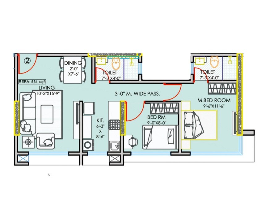 Floor plan of 2 BHK 513 Sq. Ft. Apartment in Shivam Parivar Prabhat, Mumbai