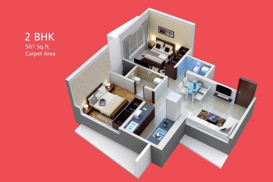 Floor plan of 2 BHK 501 Sq. Ft. Apartment in Shivam Samadhan, Mumbai