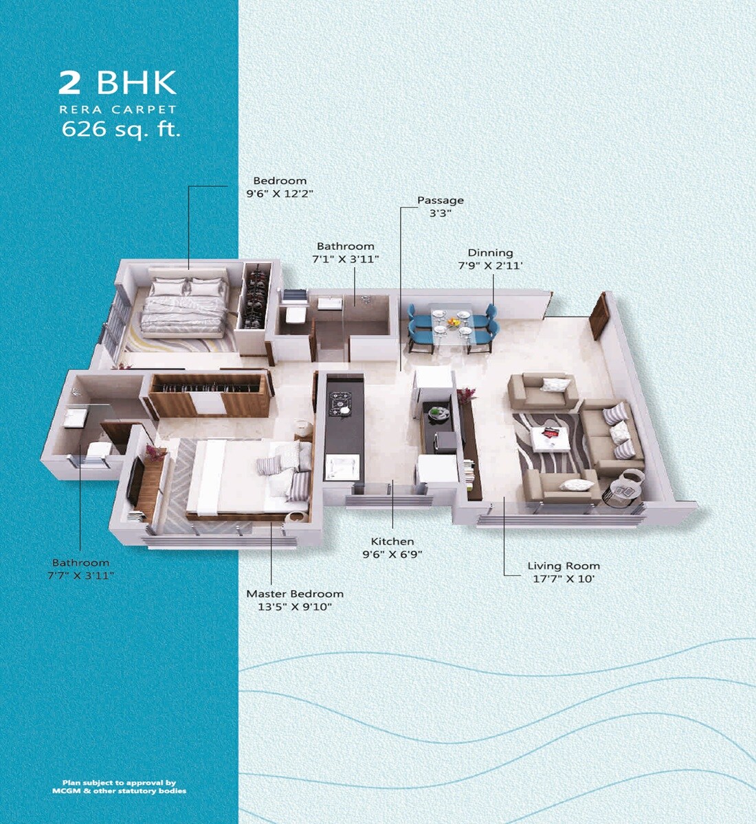 Floor plan of 2 BHK 626 Sq. Ft. Apartment in Shivoham Avyukta Breeze, Mumbai