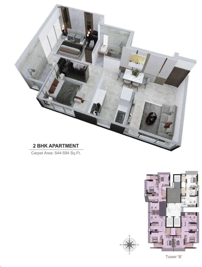 Floor plan of 2 BHK 544 Sq. Ft. Apartment in Shivoham Avyukta Vedant, Mumbai