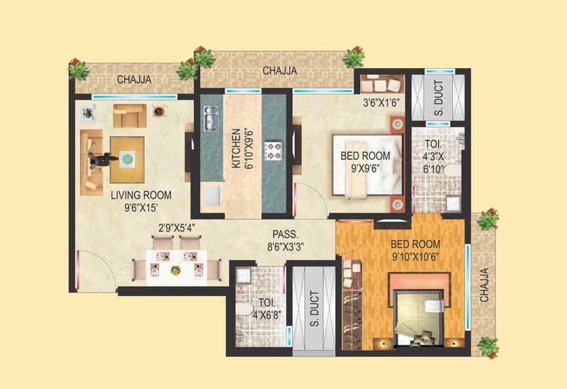 Floor plan of 2 BHK 532 Sq. Ft. Apartment in Shivraj Heights Apartments, Mumbai