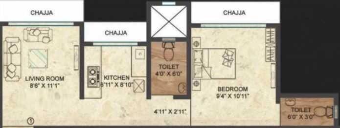 Floor plan of 1 BHK 375 Sq. Ft. Apartment in Shraddha Autumn Park, Mumbai