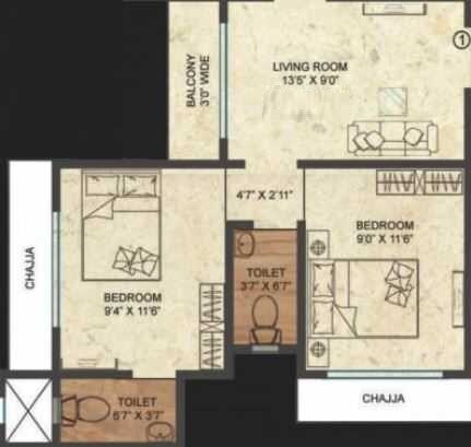 Floor plan of 2 BHK 478 Sq. Ft. Apartment in Shraddha Autumn Park, Mumbai