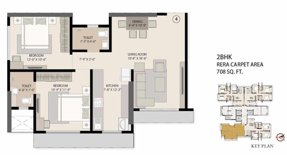 Floor plan of 2 BHK 708 Sq. Ft. Apartment in Shraddha Elite, Mumbai
