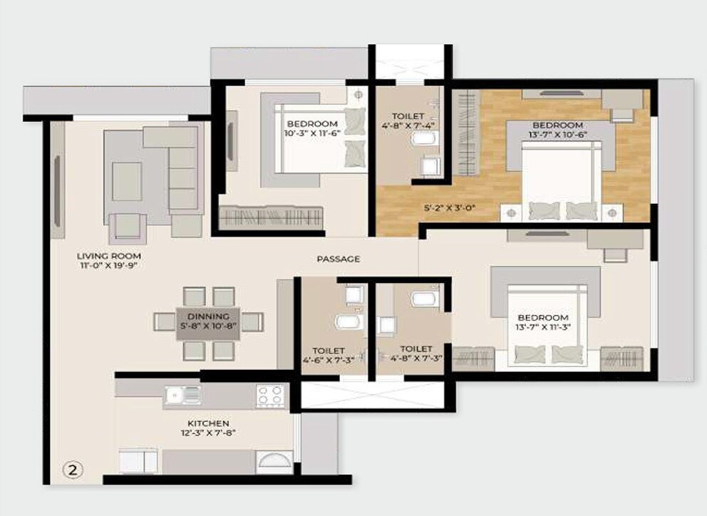 Floor plan of 3 BHK 1029 Sq. Ft. Apartment in Shraddha Elite, Mumbai