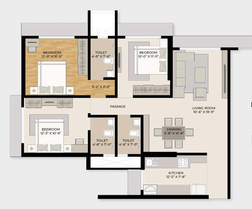 Floor plan of 3 BHK 968 Sq. Ft. Apartment in Shraddha Elite, Mumbai