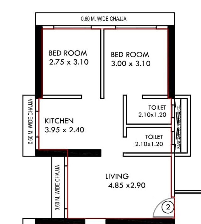 Floor plan of 2 BHK 510 Sq. Ft. Apartment in Shraddha Evoque, Mumbai