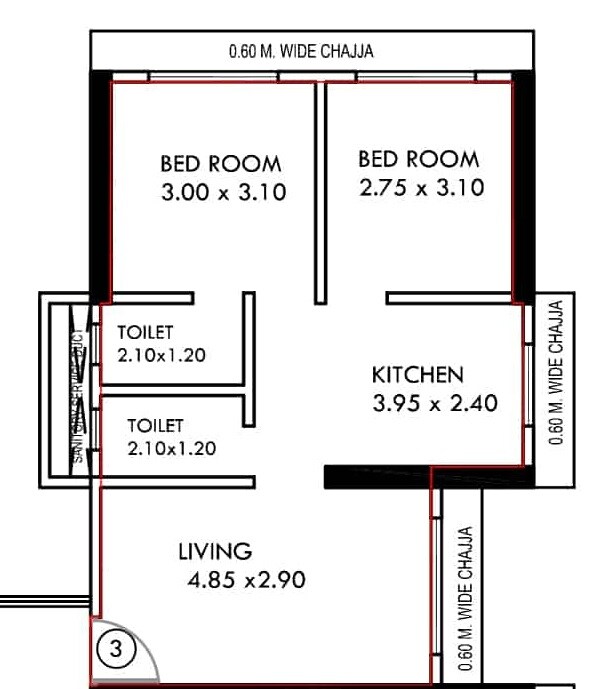 Floor plan of 2 BHK 535 Sq. Ft. Apartment in Shraddha Evoque, Mumbai