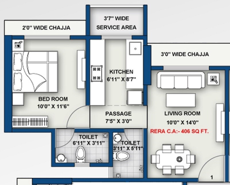 Floor plan of 1 BHK 406 Sq. Ft. Apartment in Shraddha Gold Crest, Mumbai