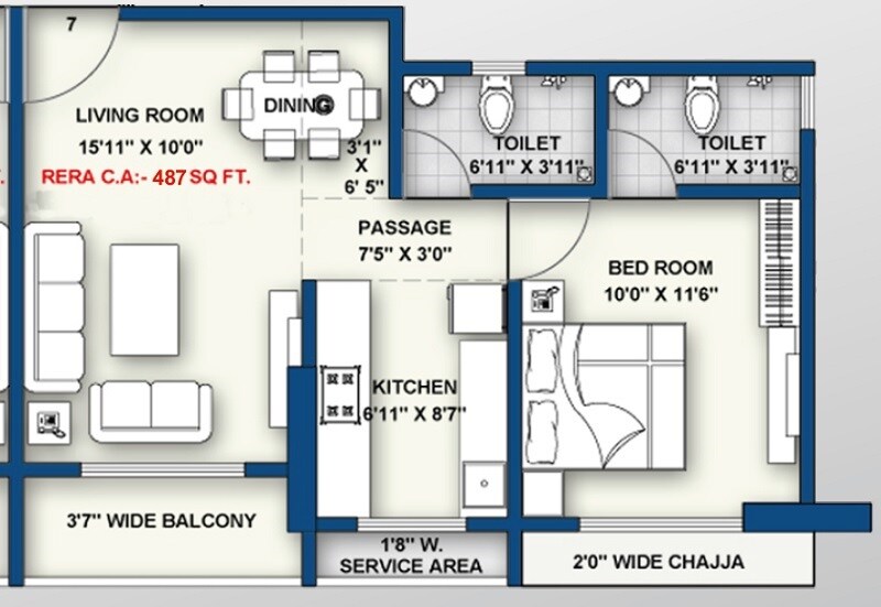 Floor plan of 1 BHK 487 Sq. Ft. Apartment in Shraddha Gold Crest, Mumbai