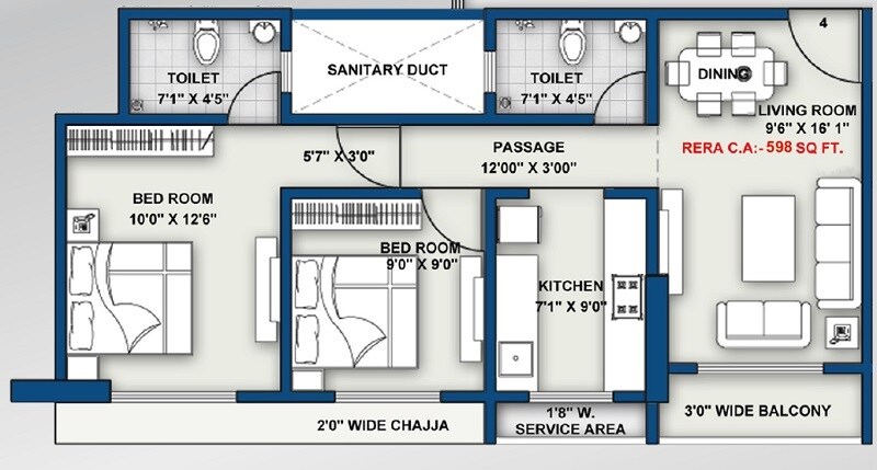 Floor plan of 2 BHK 598 Sq. Ft. Apartment in Shraddha Gold Crest, Mumbai