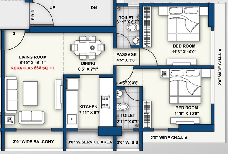 Floor plan of 2 BHK 658 Sq. Ft. Apartment in Shraddha Gold Crest, Mumbai