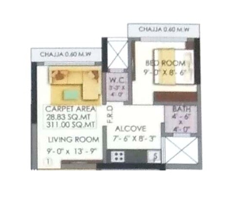 Floor plan of 1 BHK 302 Sq. Ft. Apartment in Shraddha Nipun Galaxy, Mumbai