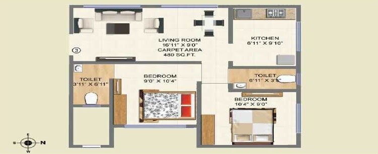 2 BHK 515 Sq. Ft. Apartment